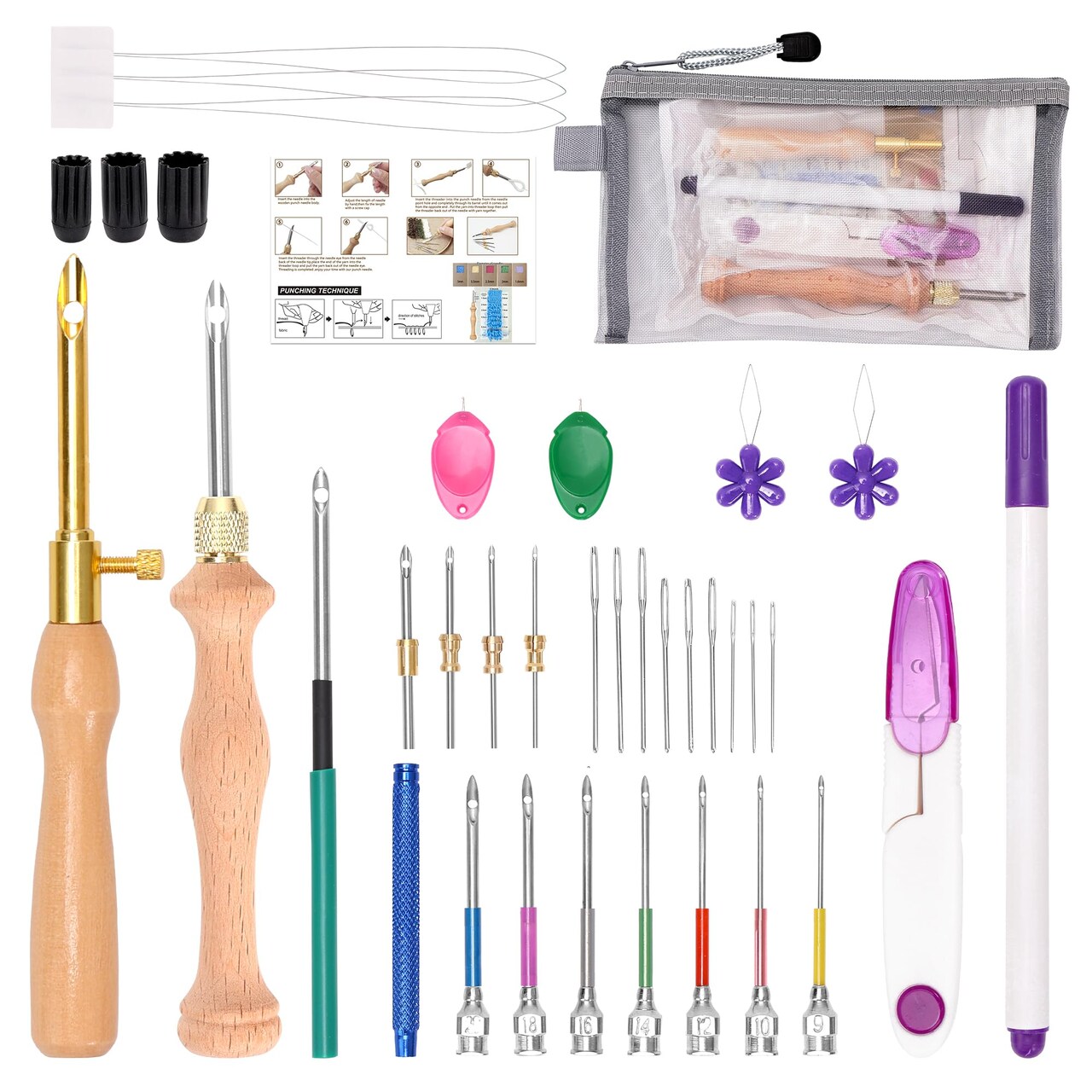 36PCS Punch Needle Kit for DIY Embroidery - Punch Needle with Finger Cots, Wooden Handles, Storage Bag, Ideal for Punch Needle Kits Adults Beginner